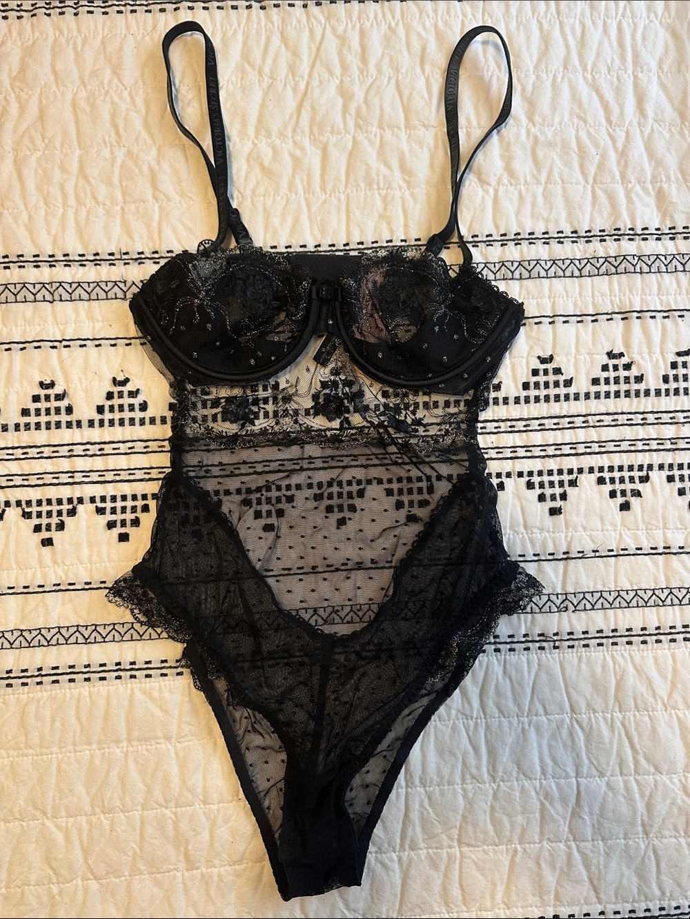 Victoria's Secret Black Sheer Lace Underwire Bodysuit